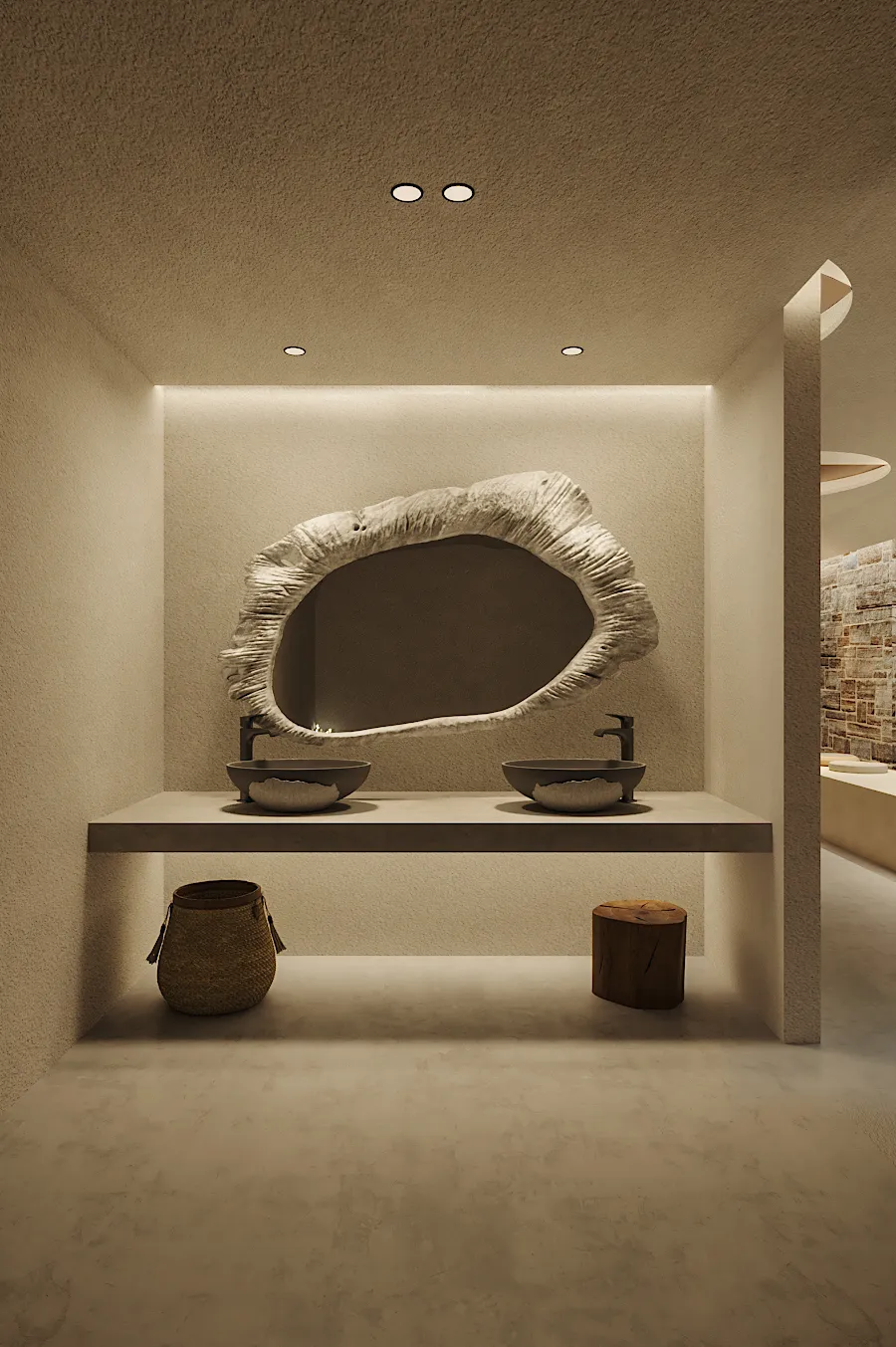 Moonrise vanity room in warm stone