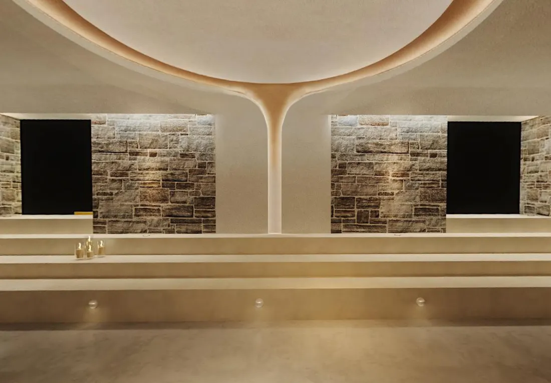 Hammam-style bathing chamber with stone oculus