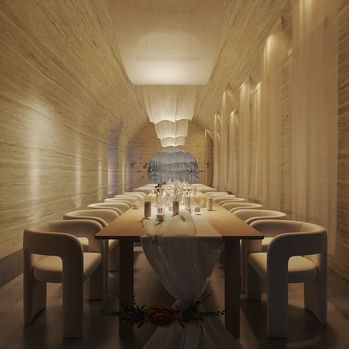 Vaulted travertine dining hall at Moonrise