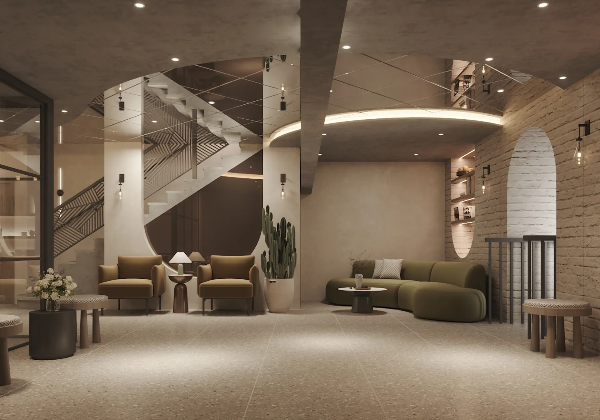Moonrise lounge with switchback staircase and gold seating